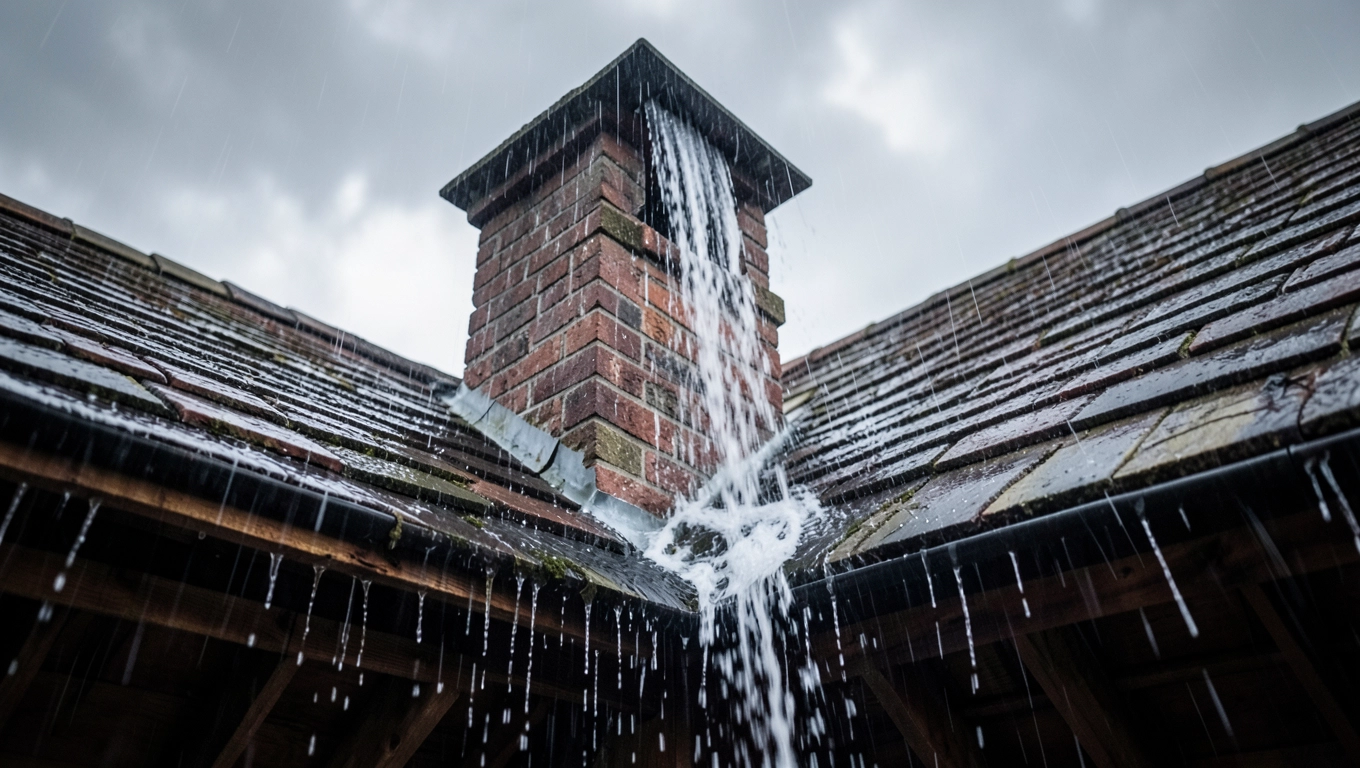 Niewłaściwe zakończenie komina - wlew deszczu na strych