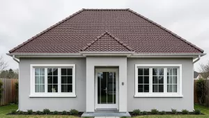 Brązowy dach białe okna jaka elewacja