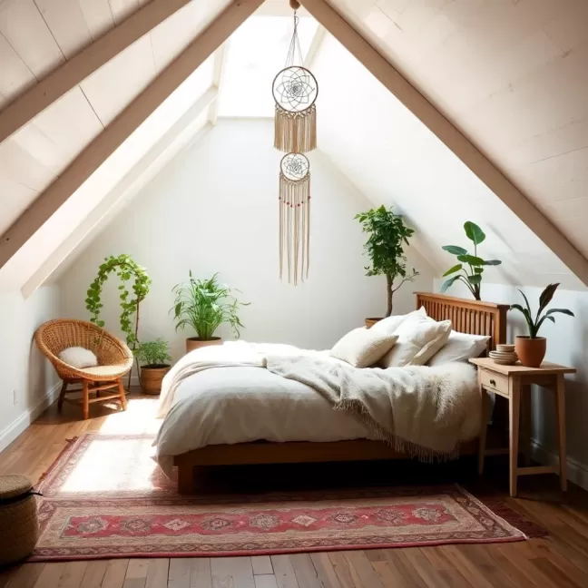 Sypialnia w stylu boho na poddaszu